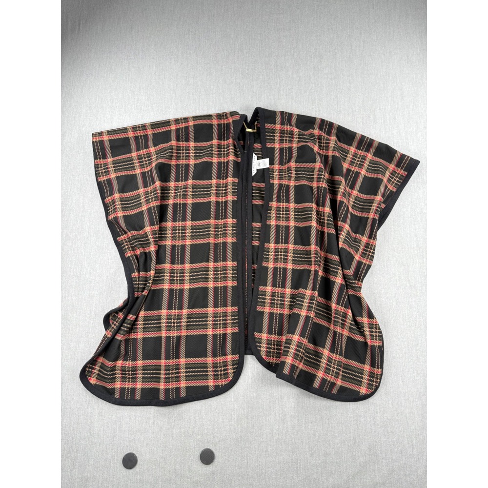 Trina Turk Womens Plaid Poncho Cape Black Red Tan Tartan Open Front M/L‎ 187117